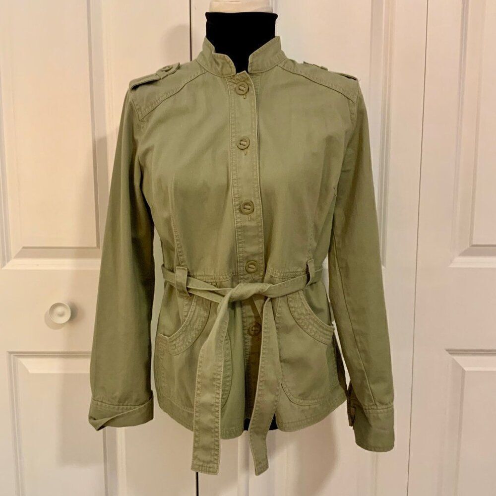 French Cuff Sage Green Button Front Cotton Belted Utility Jacket Medium